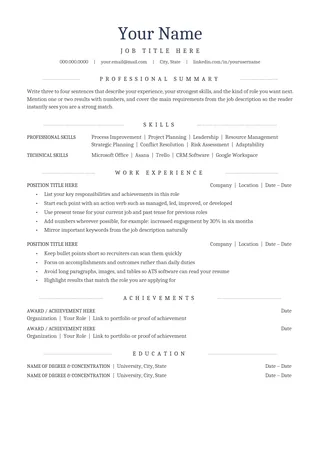 Centered ATS resume template preview: centered header and Cambria section headings on A4