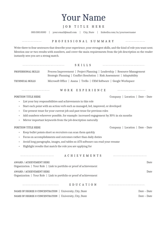 Centered ATS resume template preview: centered header and Cambria section headings on A4