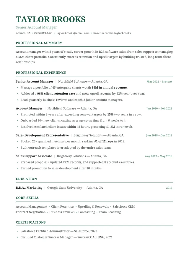 Chronological ATS resume template preview: reverse-chronological work history with green headings