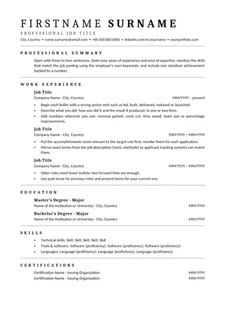 Clean one-column ATS resume template preview: black-and-white design with serif headings and thin rules