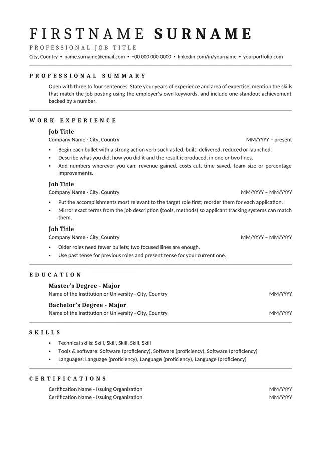 Clean one-column ATS resume template preview: black-and-white design with serif headings and thin rules