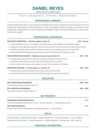 Executive ATS resume template preview: one-page leadership layout with teal section headings