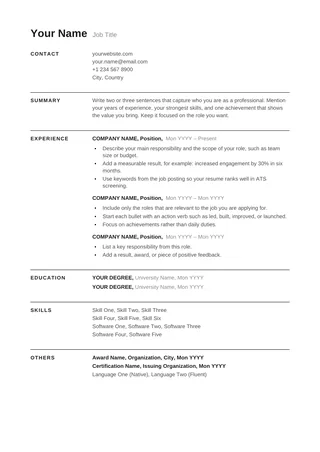 Full minimalist ATS resume template preview: one-column black text with no decorative elements
