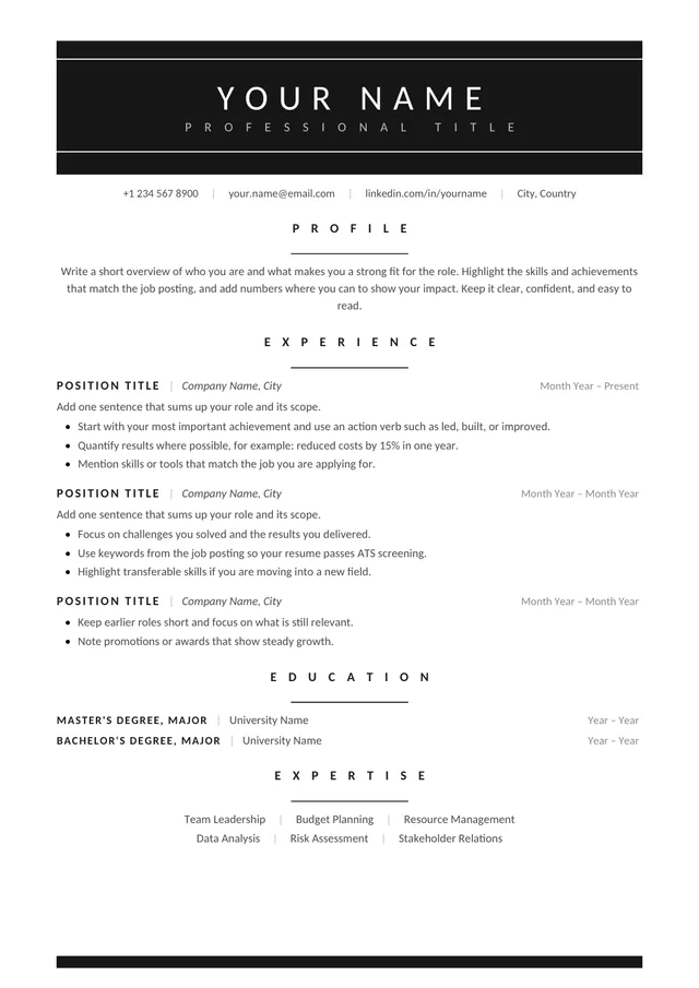 Minimal black ATS resume template preview: black-on-white typography with generous spacing