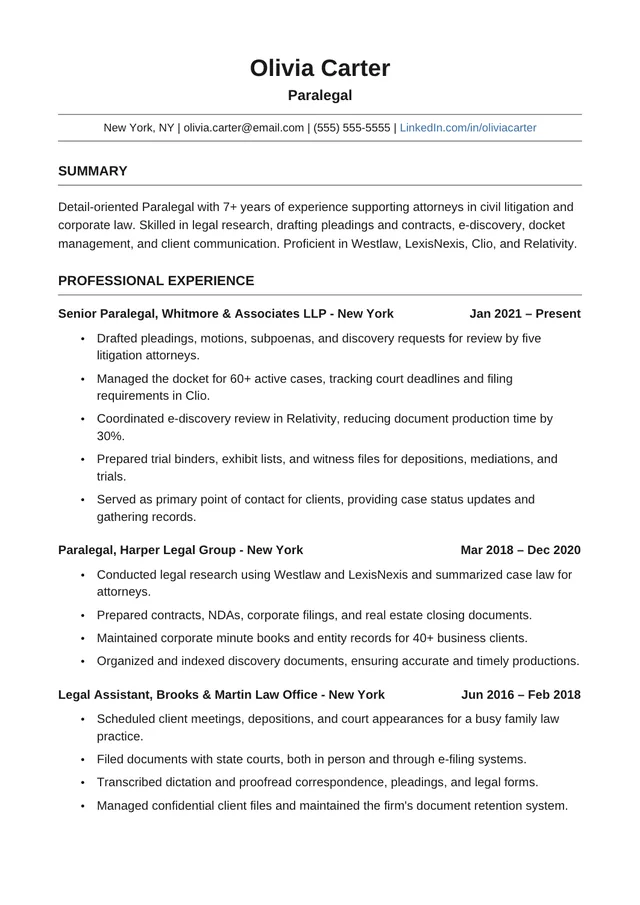 Minimalist ATS resume template preview: two-page, one-column Arial layout with thin section rules