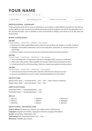 One-column ATS resume template preview: summary, experience, education and skills in a single reading path