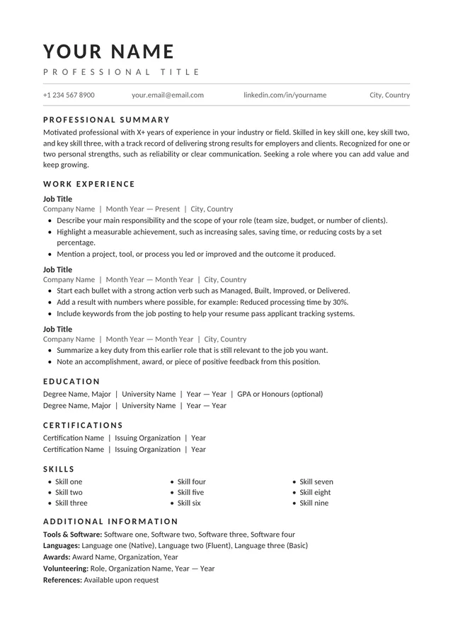 One-column ATS resume template preview: summary, experience, education and skills in a single reading path