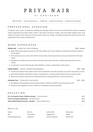 One-page ATS resume template preview: compact one-column layout with grouped skills