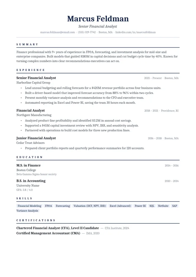 Professional ATS resume template preview: one-column Cambria layout with navy section dividers