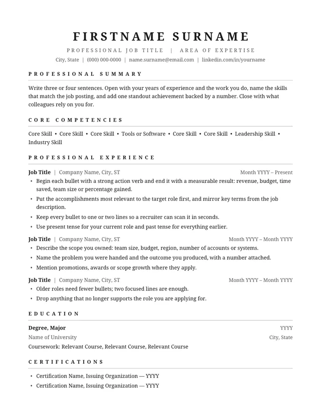 Simple one-page ATS resume template preview: compact layout with plain section headings